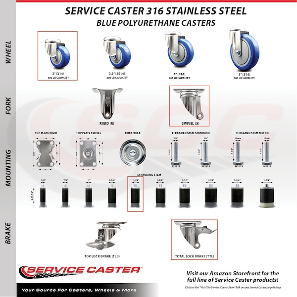 Service Caster 3 Inch 316SS Blue Poly Swivel 1-1/4 Inch Expanding Stem Caster Lock Brake SCC SCC-SS316TTLEX20S314-PPUB-BLUE-114 - main